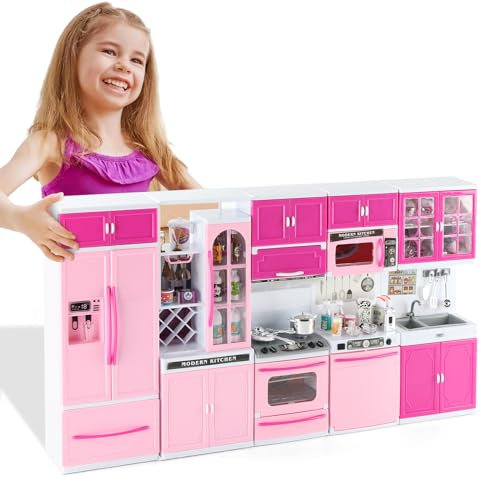 Lerrbo Juego de 64 Fuguetes de Cocina Rosados con Luces y Sonidos | Juegos de Muebles de Casa de Cocina Miniatura para Niños de 4 a 8 años | Juego de Muñecas para Lactantes de 3 a 5 Años