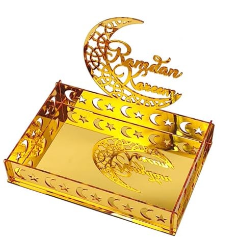 DONGKER Ramadan-Dekoration, 1 Stuck Acryl Ramadan Serviertablett, Mubarak-Mond-Abendessen-Tischdekoration, Islamische Deko Teller Ablett, als Geschenke für Eid-Partys
