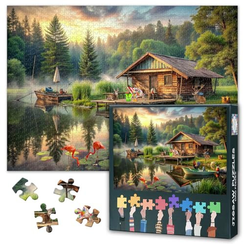 Land Camping Puzzles, Tranquility Lake für Angeln Enthusiasten Premium Herausfordernde Spiele Puzzles für Erwachsene 1000 Stück, Tiere Puzzlespiel für Erwachsene, Familien 27.5 x 19.6