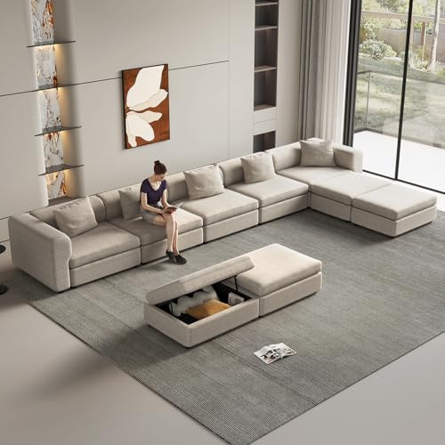 Guyii Modulares Stoffsofa, 9-Sitzer Couch, Bequeme Kombination aus Sofaelementen, Flexibles Sofa Design für Wohnzimmer, Gemütlich und Vielseitig, Beige (9 Sitzplätze (5 Sitze und 4 Ottomanen))