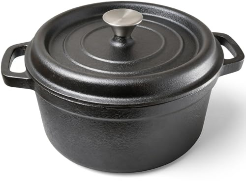 HOUSLUX Gusseisen Topf 26CM 5.1L Bräter Schmortopf mit Deckel Schmortopf mit Deckel Induktion für Küche Backen Braten