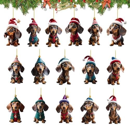 16 Stück Dackel Weihnachtsbaumschmuck, Christbaumschmuck Dackel Deko Acryl Weihnachtsschmuck, Cute 2D Acryl Dachshund Tannenbaumschmuck, Heimdekoration,Weihnachtsdeko Anhänger