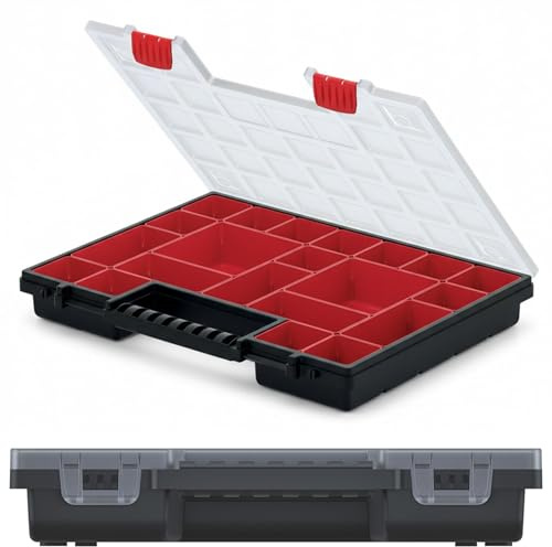 DIKEL Sortimentskasten mit herausnehmbaren Insetboxen 40x30x5 cm - Mobile Schraubenbox und Kleinteilemagazin für Werkstatt - Robuster Organizer - Sortierbox mit ergonomischem Griff - Schwarz/Rot