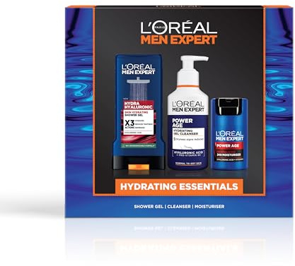 L'Oréal Men Expert Hydrating Essentials Gift Set, Shower Gel, Cleanser and Moisturiser, Hyaluronic Acid, For Men, Intense 24H Hydration, Anti-Aging Care, Complete Grooming Trio