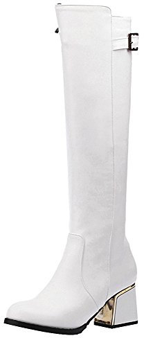 Jamron Donna Elegante PU Pelle Tacco Medio Alto Ginocchio Stivali Zip Stivali Caldi Invernali Con Cinghia di Fibbia Regolabile Bianca SN02933 EU35