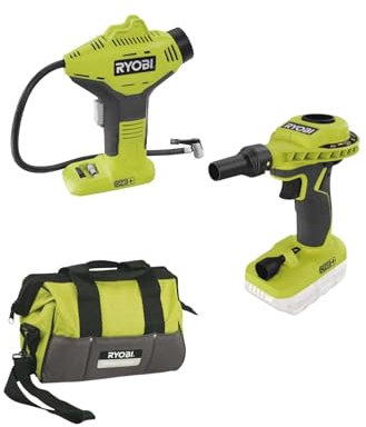 Ryobi P737 Portable Tire Pump Inflator with P738 High Volume Inflator and Buho 15 Inch Tool Bag (Bare Tool Items)