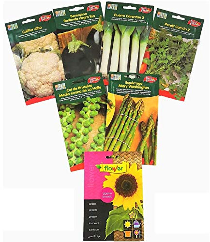 Semillas hortaliza de huerto lote 6 sobres + 1 de regalo. Lote: coliflor alba, berenjena redonda, puerro, perejil común, col de Bruselas enana y esparrago. Regalo: Girasol gigante.
