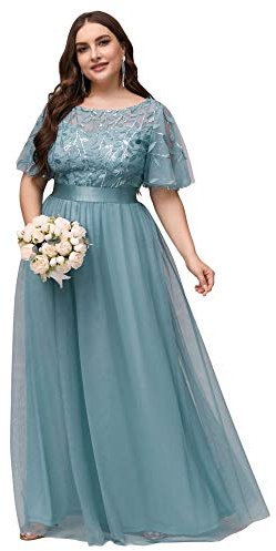 Ever Pretty Women's Short Sleeve Empire Wiast A Line Long Tulle Elegant Plus Size Bridesmaid Dress Dusty Blue 20UK