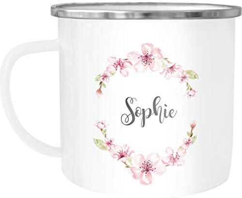 SpecialMe® Emaille-Tasse mit Namen Blumen Emaille-Becher personalisierte Geschenke Frauen Mädchen Namensbecher weiß-metall Emailletasse