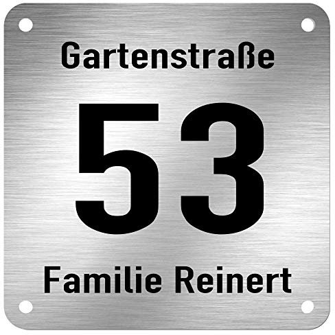 Edelstahl Hausnummer Namensschild Hinweisschild mit Pfeil und individueller Laser-Gravur * Modell 21 (200 mm x 300 mm)