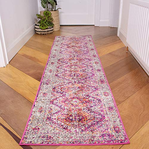 Traditional Aztec Pink Rug Distressed Vintage Orange Bohemian Living Room Area Bedroom Rugs 60cm x 240cm
