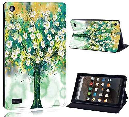 FINDING CASE For Amazon Fire 7 (5th 7th 9th Generation) Tablet - Printed PU Flip Leather Smart Lightweight Shell Stand Cover Case for Fire 7 (5th 7th 9th Generation) (flower tree paint)