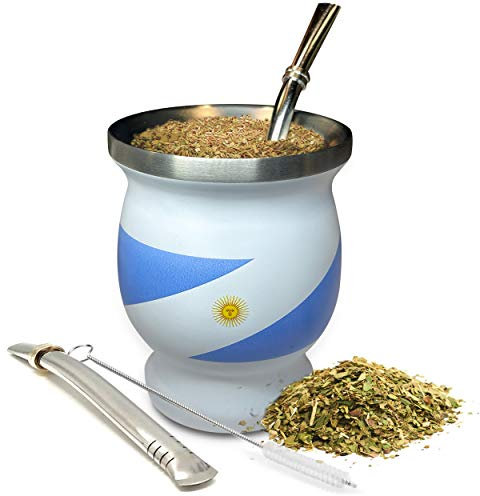 Norte Yerba Mate - Juego de tazas de acero inoxidable con aislamiento azul y blanco de 8 onzas con 2 bombillas y cepillo de limpieza, kit tradicional de yerba mate para bebedores de té, viajes y uso