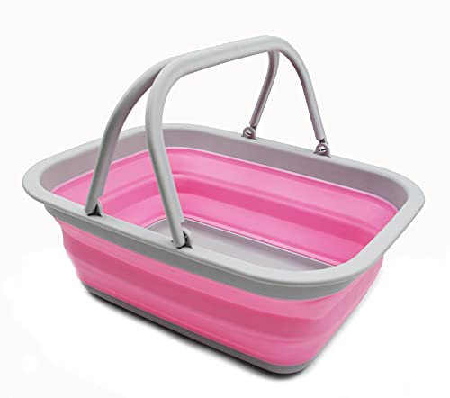 SAMMART 9,2 l Faltbare Wanne mit Griff – tragbarer Picknickkorb für den Außenbereich – Faltbare Einkaufstasche – platzsparender Aufbewahrungsbehälter (Grau/Pink)