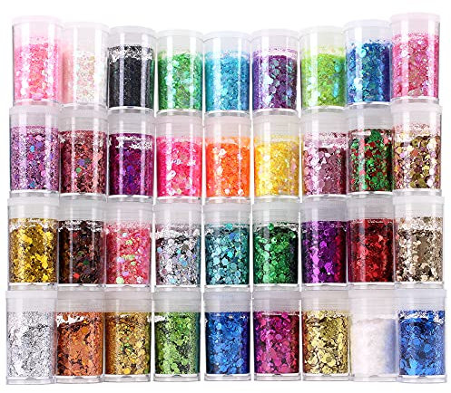 Chunky and Fine Glitter Mix, Estanoite 36 Colors Chunky Sequins & Fine Glitter Powder Mix, Iridescent Glitter Flakes, Cosmetic Makeup Glitter for Face Body Eye Nail Art, Loose Glitter for Resin Epoxy