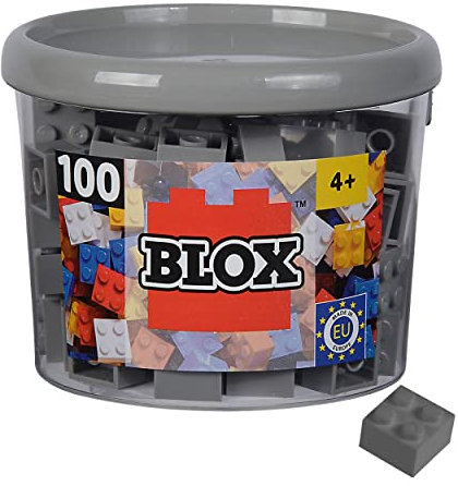 Simba 104114534 - Blox, 100 graue Bausteine für Kinder ab 3 Jahren, 4er Steine, in Dose, hohe Qualität, vollkompatibel mit vielen Anderen Herstellern