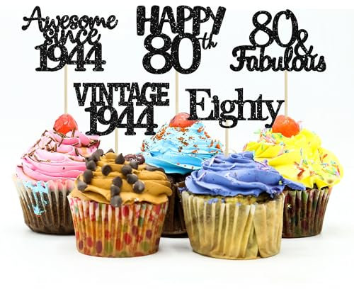 Gyufise 30 Pack Vintage 1945 Cupcake Toppers Glitter Cheers to 80 Fabulous Eighty Cupcake Picks 80th Birthday Wedding Anniversary Party Cake Decorations Supplies Black