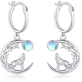 Wolf Ohrringe 925 Sterling Silber Mondstein Ohrstecker Tier Ohrringe Creolen Wolf Ohrstecker Hypoallergene Weihnachten Schmuck Geschenke für Damen