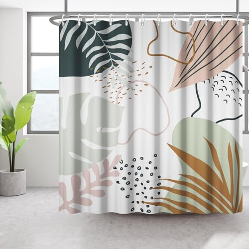 Bovlleetd Pianta Astratta Tenda da Doccia 152x188cm Boho Foglie di Palma e Monstera Mid-Century e Stile Tropicale Impermeabile Lavabile in Poliestere Tende da Bagno con 10 Ganci per Vasca da Bagno