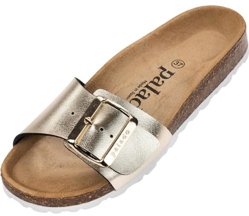 Palado Pantoletten Damen Malta EGS Metallic - bequeme Sandalen Made in Spain - Hausschuhe mit dämpfendem Kork-Fußbett - modische Sommerschuhe Gold UK3,5 - EU36