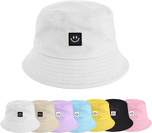 EHOTER Fischerhüte Bucket Hat Unisex Sonnenhut Baumwolle Buckethut Faltbar Fischerhut Anglerhut Freizeithut Outdoor Smiling Face Hut Sommermütze 56-58cm Sonnenhut Herbst Camping Reisen Wandern (Weiß)