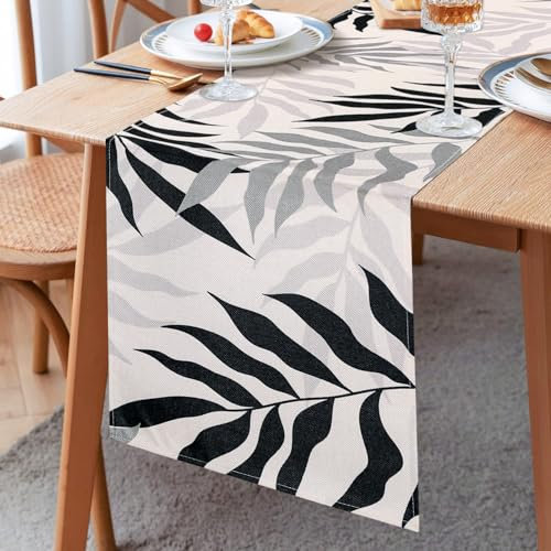 Tischläufer Schwarz Grau Leinen Blätter Modern Wohnzimmer Tischläufer Blätter Schmal Modern Esszimmer Tischläufer Abwaschbar für Couchtisch Bauernhaus Garten Party 33x183cm