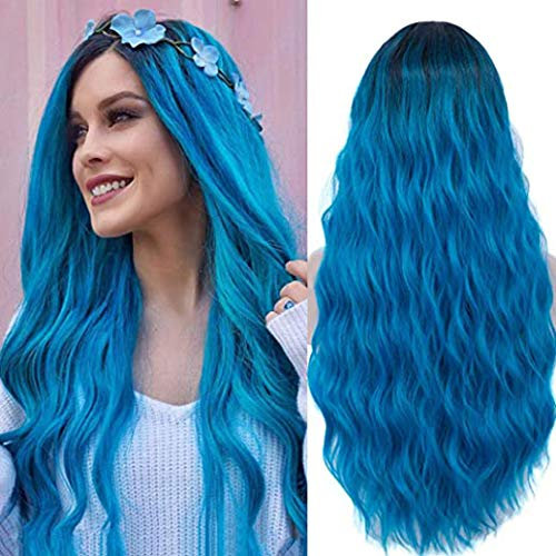 Damen Lange Blau Cosplay Perücke, TANTAKO Lange Blau Ombre Curly Perücken für Halloween Karneval Cosplay Kostüm (blau)