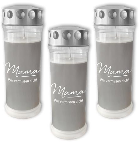 DOLORINO Grablicht mit Spruch Mama wir vermissen dich | 3er Set | 7-Tage Brenner | deutsche Qualität