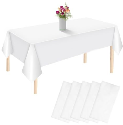 XIEJ 5 Stück Rechteckige Weiß Kunststoff Tischdecke, 137 x 274 cm, Einweg, Strapazierfähig, Leicht zu Reinigen, Groß, Vorteilspack, Vielseitig Verwendbar