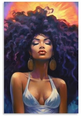FireDeer Schwarze Wandkunst, abstrakte afroamerikanische Frau, Poster, Afro-Mädchen, Leinwand, Gemälde, moderne ästhetische Bilder für Wohnzimmer-Dekor (03-welliges Haar, 40,6 x 61 cm, ungerahmt)