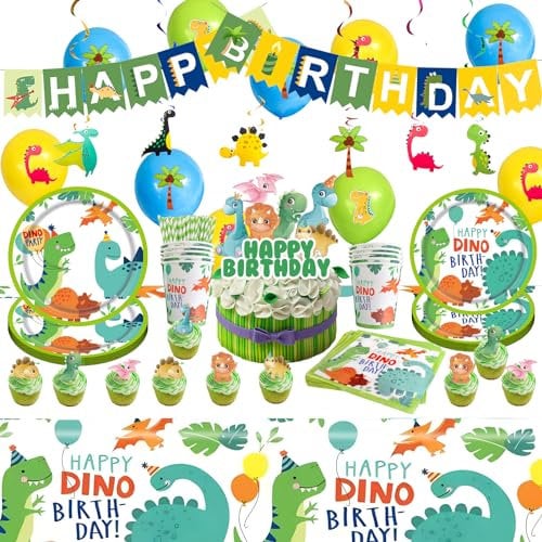 NYSLDSCO 105 Pcs Dino Geburtstag Deko, Dinosaurier Ballon Tischdecke, Kindergeburtstag Junge Servietten Papptelle, Partygeschirr Set für 10 Gäste