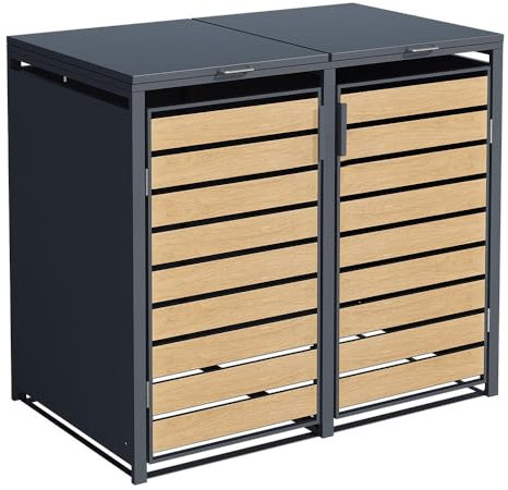 Cache-poubelles pour 2 poubelles - Métal aspect bois - Habillage de poubelles - Protection visuelle en acier
