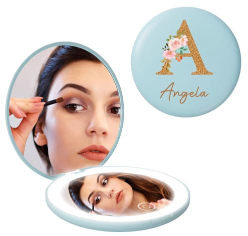 iDIY Miroir de Maquillage Lumineux avec 3 lumières personnalisé avec nom Miroir de Voyage grossissant 1x/10x avec Initiale/Fleur d'anniversaire, Portable et Recto-Verso, Cadeaux Pratiques
