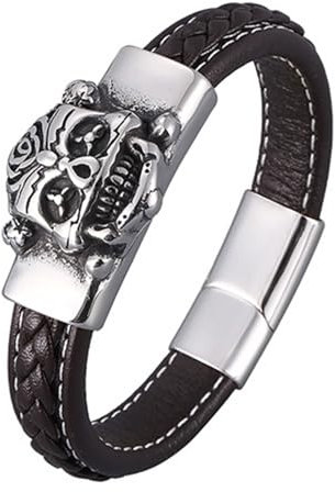 Wycian Armband für Männer Silber, Armband Frauen Totenkopf-Lederarmband mit Magnetischer Schnalle 20.5CM Rostfreier Stahl für Männer Frauen
