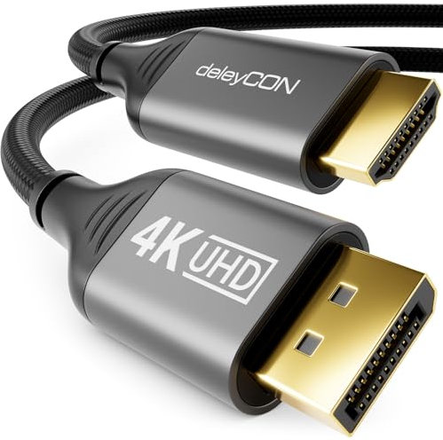 deleyCON 2m 4K DisplayPort zu HDMI Kabel (für HDMI Monitor/TV/Beamer) 4K@60Hz, 1080P WQHD @165Hz 144Hz 120Hz 60Hz - DP Stecker zu HDMI Stecker Adapter für DP Computer Grafikkarte Gaming PC