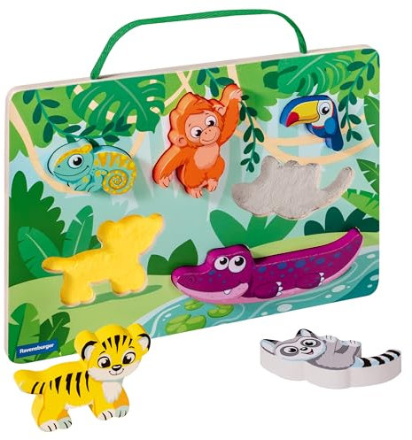 Ravensburger Play + 34017 sensorisches und magnetisches Holzpuzzle: Im Dschungel – Babyspielzeug ab 1 Jahr – französische Version