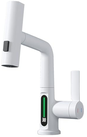 Waterfall Kitchen Faucet With Temperature Display - 360° Swivel, 3 Water Jet Modes, Extendable Mixer Tap, G1/2 (White)
