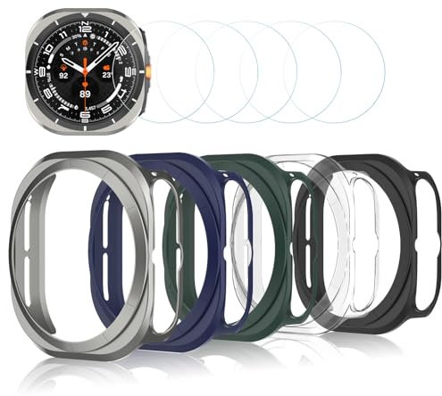 Simpeak 5 Piezas Funda Compatible con Samsung Galaxy Watch 7 Ultra 47mm, PC Protección Marco Protector con 5 Piezas HD Película Cristal Templado, Set Funda + Protector de Pantalla
