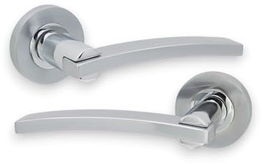 Infinity Decor Pair of Curved Lever Door Handle on Round Rose Set Dual Tone Interior Pull Handles – Ideal for Interior and Exterior use