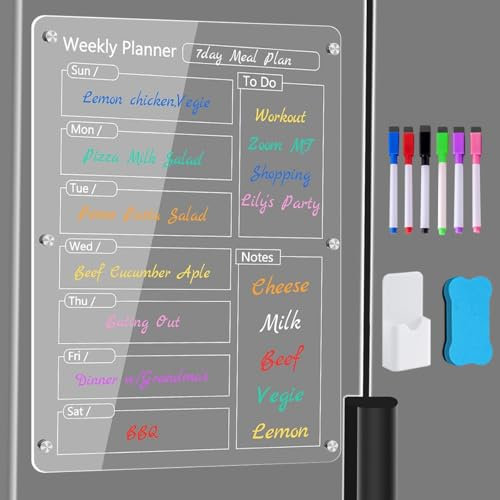 Acrylic Meal Planner Magnetic Menu Board for Kitchen Fridge with 6 Magnetic Markers, 15.7 x 11.8 Clear Refrigerator WeeklyCalendar Planning Board with Magnetic Pen Holder and Eraser
