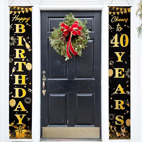 ZSYIULIA Happy 40th Birthday Black Gold Banner, 2x 180cm x 30cm, Indoor/Outdoor, Birthday Occasion