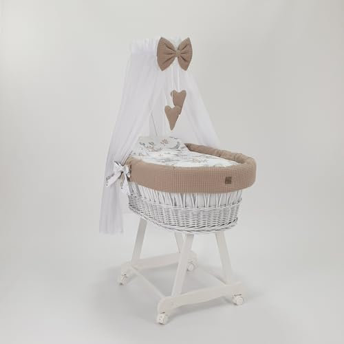 WIKLINOPOL IRENEUSZ ZYGMUNT WICKER WOOD BABY 2000 EU Stubenwagen Lena, weiß mit Gestell, Matratze Baldachin und Bettwäsche aus Waffelstoff | Leisen Rädern, Kaninchen und Eule