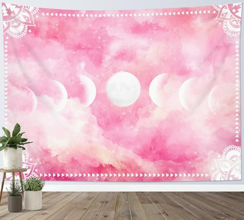 LB Wandteppich Rosa Wolke Wandtuch Mondphase Böhmische Mandala-Blume Wandbehang Abstrakter Marmor Tapisserie für Wohnzimmer Schlafzimmer Wohnheim Wanddeko,150x130cm