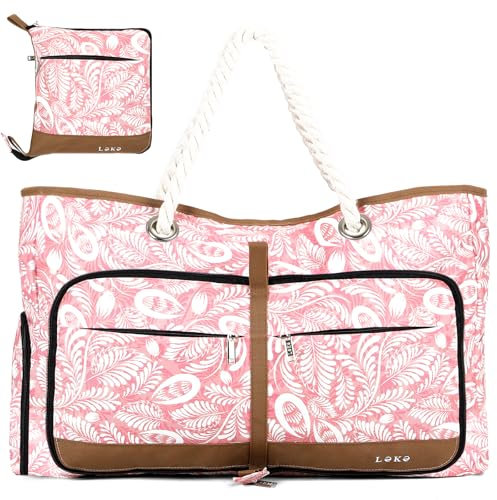 Lekespring Waterproof Beach Bag for Women - Tote Bags with Zip and Pocket, Fldable Travel Shoulder Bag with Shoe Compartment, Enhanced with Bottom Elastic Strap (Pink)