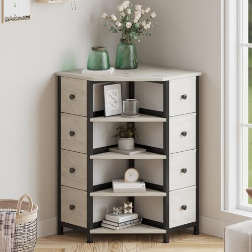 LUMTOK 8 Drawers Corner Dresser with Storage Fabric Drawers and Open Shelves for Small Space,Bedroom,Entryway,Living Room (Greige)