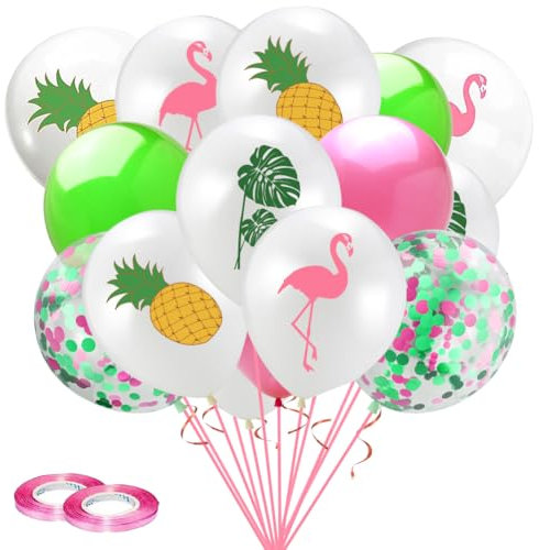 Luftballons Flamingo,15 Stück Hawaii Party Deko Ballons, Grün Pink Weiß Flamingo Ananas Palmblätter Tropische Latex Luftballons für Sommer Party Strand Thema Geburtstag Hawaii Deko Ballons