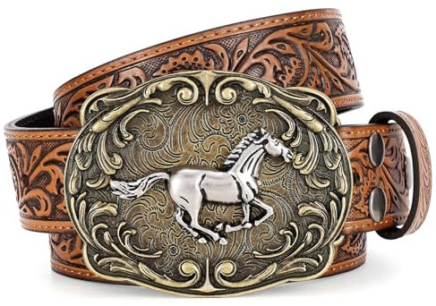 SANSTHS Western Leder Gürtel für Herren Damen Floral Graviert Cowboy Schnalle Gürtel Pferd Stier Schnalle Taillegürtel Schwarz 110cm Cowgirl Outfit Cowboy Accessoires Pferd Kaffee M