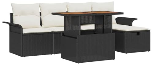 vidaXL Garten-Sofa-Set mit Kissen 6 pcs Schwarz Poly Rattan, Garten- und Terrassensofa, modern, modular, verstellbare Füße, Außenlounge, Akazienholz-Tisch, praktische Sitzgelegenheit
