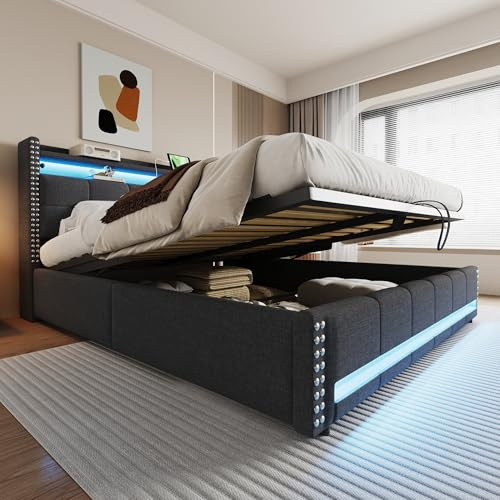 Kebnor Polsterbett, Kopfteil mit Einlegeböden und Stauraum, Mit Hydraulik für die Lagerung, Erwachsenenbett Doppelt, Leinenstoff (Grau, 180 * 200cm)