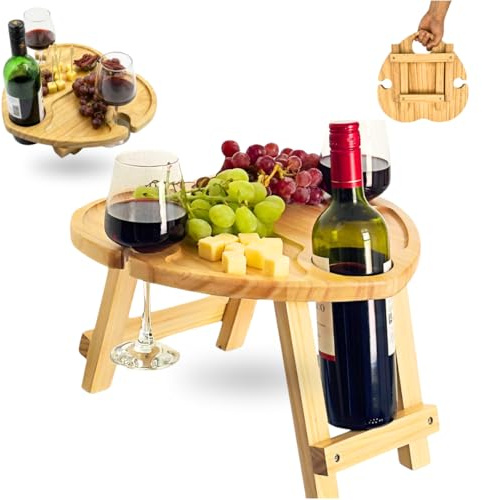 OTIVA 2 in 1 Portable Wine Picnic Table & Tray – Heart Shaped Foldable Wooden Charcuterie Board with Bottle & Glass Holder, Indoor, Picnic, Camping, Garden, for couples, Family, Friends